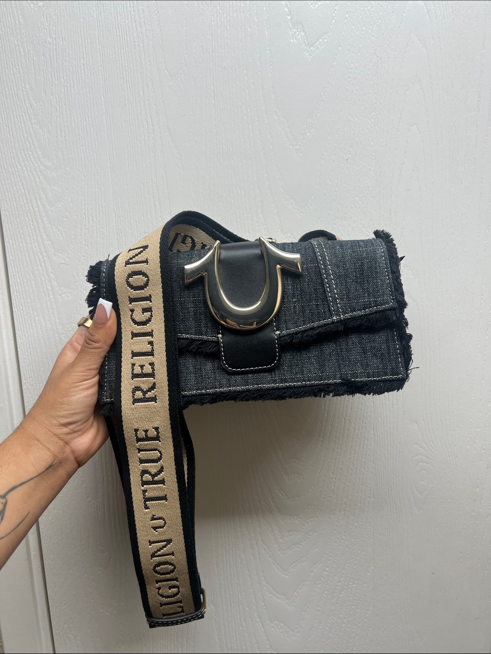 True Religion Black Denim Crossbody with Beige Branded Strap